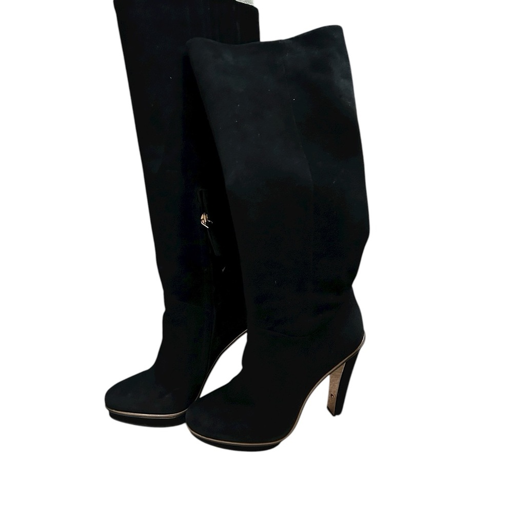 BCBGMaxAzria Elegant Black Suede Heeled Boots Trimmed with Gold Great Preowned - Picture 2 of 14